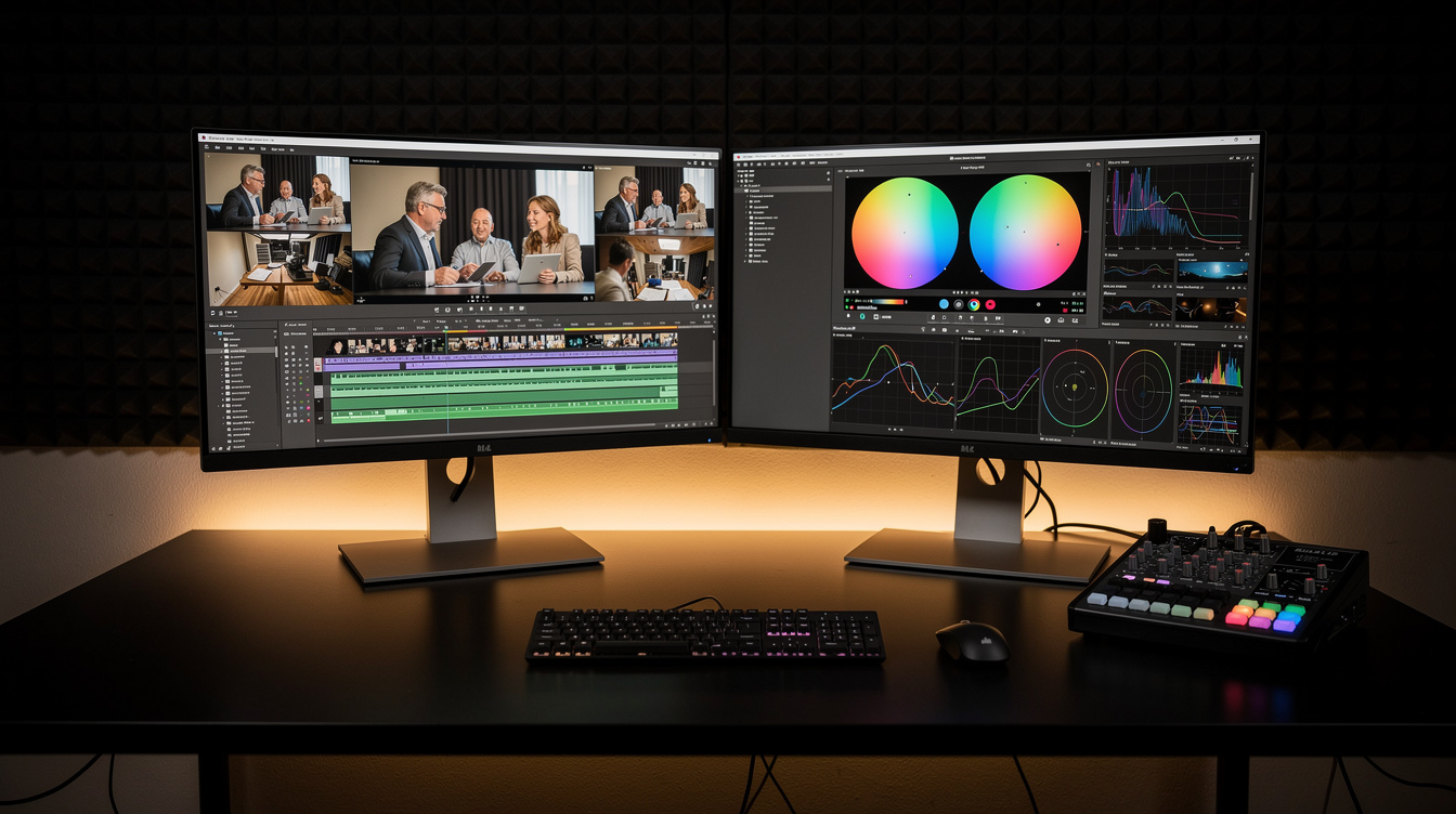 Modern video editing suite with multiple monitors showing a colour graded timeline